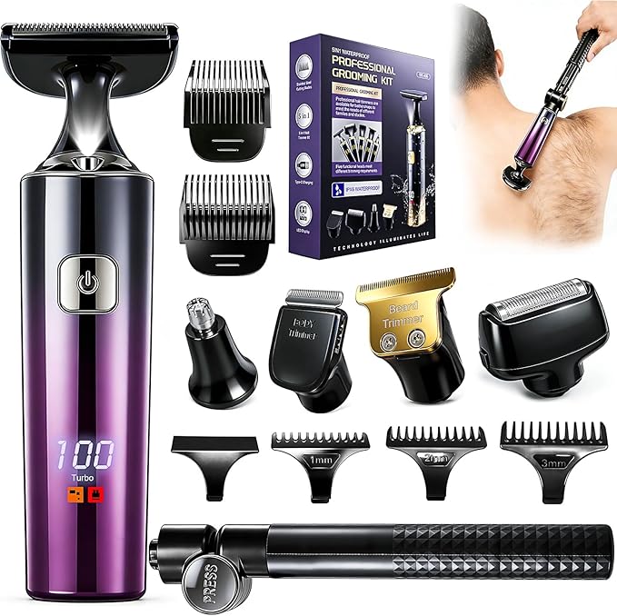 Back Shaver for Men, LED Display, 5 in 1 Mens Back Shaver Rechargeable with Long Handle, Safety Lock, IPX7, Multi-Functional Back Trimmer for Men,(Purple)