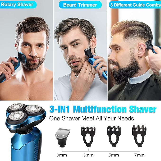 Electric Razor for Men, 3-in-1 Shaver with Floating Blades for Nose Hair &Sideburns,Replacement Blades, Pop-up Trimmer, IPX7 Waterproof, Travel Lock, Wet & Dry Use, Face Shaving Grooming Travel Kit