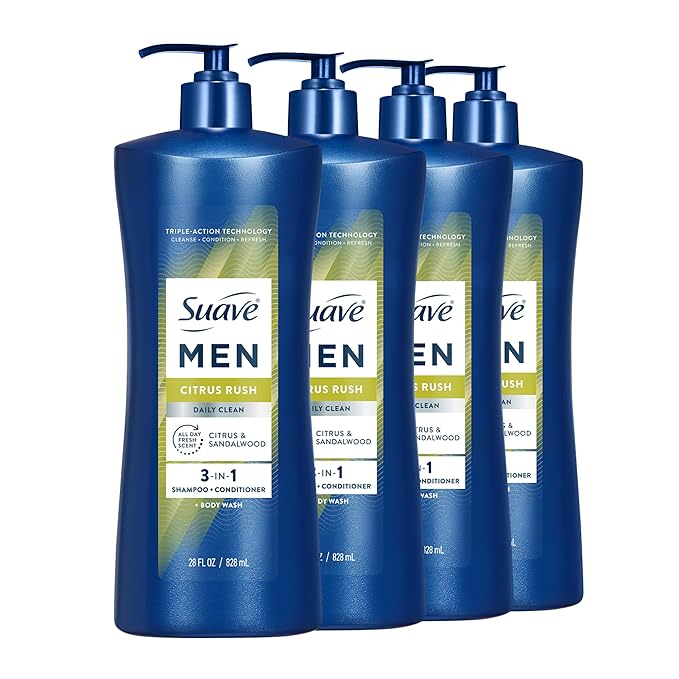 Suave Men Citrus Rush Daily Clean 3 in 1 Shampoo, Conditioner & Body Wash with Glycerin & Keratin Hydrates & Smooths Hair, Citrus Scent, 4 Count, 28 FL OZ Pump