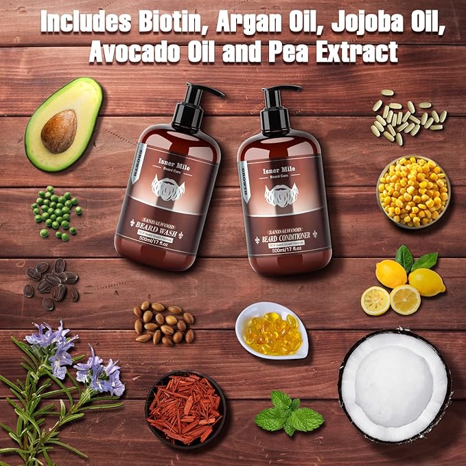 ISNER MILE Beard Wash & Conditioner Set for Men - 17 oz Shampoo with Biotin, Argan & Jojoba Oils for Smooth, Soft, and Strengthened Beard - Sandalwood Scented Grooming Gift