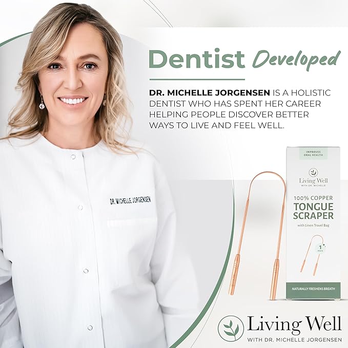 Living Well with Dr. Michelle Copper Tongue Scraper - Premium Metal Tongue Cleaner for Adults & Kids - Eliminate Bad Breath & Enhance Oral Hygiene - Includes Travel Bag