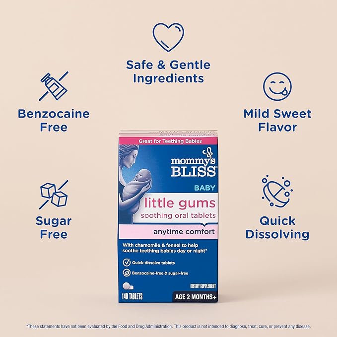 Mommy's Bliss Little Gums Soothing Oral Tablets,Great for Teething Babies,Benzocaine-Free & Sugar-Free,2 Months+,1 Bottle (140 Tablets),(Pack of 2)