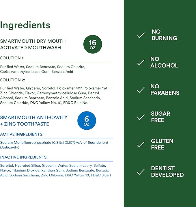 SmartMouth Package with Dry Mouth Activated Mouthwash - 16 Fl Oz Dry Mouth Oral Rinse - Dual-Action Mints, 50 Count - Premium Zinc Ion Toothpaste