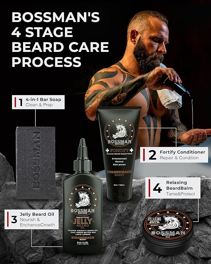 Bossman Essentials Beard Kit for Men, Set of 3 - Beard Oil Jelly, Fortifying Conditioner Cream, Beard Balm - Grooming Growth Care Accessories - Gift Set for Men (Hammer)