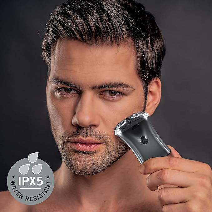 Perry Ellis Electric Shaver for Men, Cordless Shaver with Twin Rotary-Blade Head, IPX5-Rated Rechargeable Razor with 1-Hour Battery Life, Includes Protective Cap, Cleaning Kit, and USB Cord, Silver