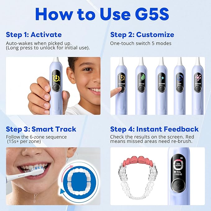 Kids Electric Toothbrush for Boys Teens (6-15Y), Smart Screen with Brushing Score, Soft Bristles, Visual Timer for Braces, 150 Days Battery with Travel Case (Blue)