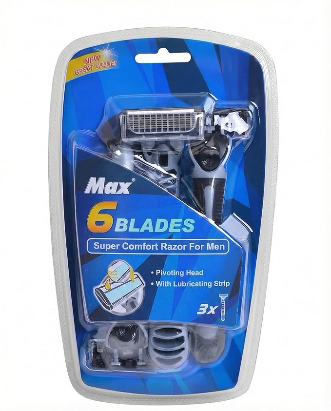Max A Series 6 Stainless Steel Razor Blades With Pivoting Head, Lubricating Strip Super Comfort Razor For Men Shaving, 3 Pack.