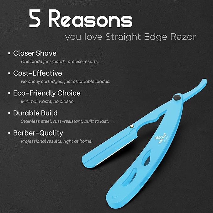 The Cut- Factory- Straight Razor with 20 Pack Platinum Treet Single Blade Razors for Men- Professional Barber Straight Edge Razor for Close Shaving 100 Percent Stainless Steel, Blue