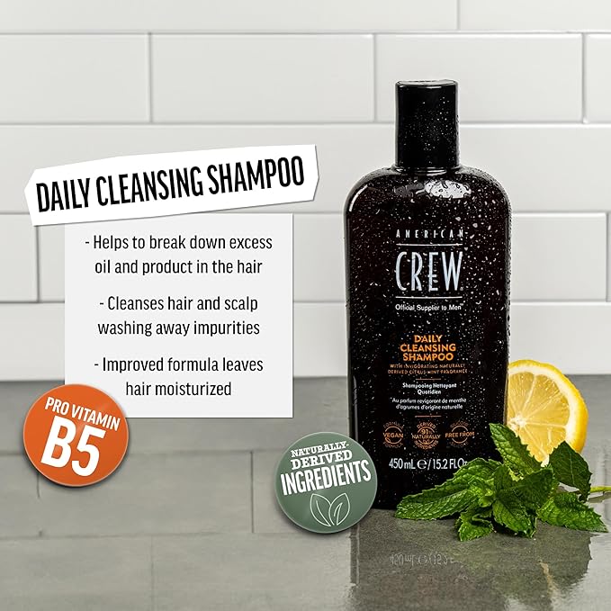 Shampoo for Men by American Crew, Daily Cleanser, Naturally Derived, Vegan Formula, Citrus Mint Fragrance, 15.2 Fl Oz