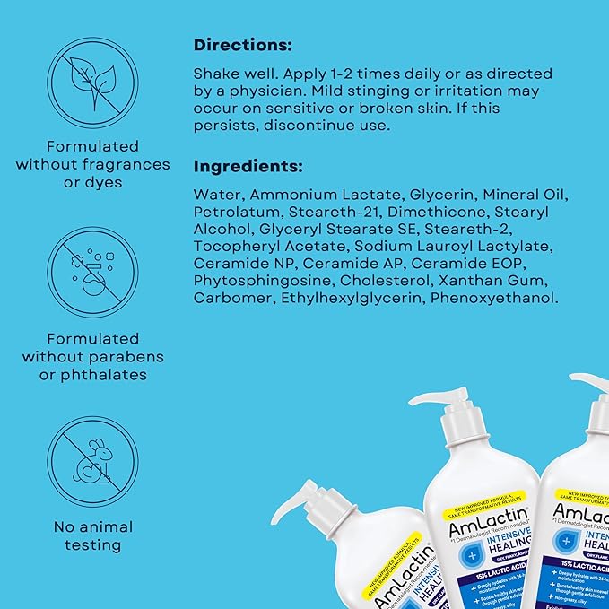 AmLactin Intensive Healing Body Lotion - Therapeutic Lotion for Extremely Dry Skin - No-Scrub Exfoliator and Moisturizer with 15% Lactic Acid AHA and Ceramides, 14.1 oz (Packaging May Vary)
