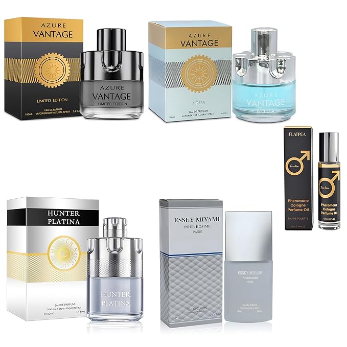Men's Cologne Gift Set - Variety Pack of 4 Long Lasting Fragrances with 10ml Pheromone Cologne (Azure Aqua/Azure Limited/Hunter Platina/Essey Miyami)