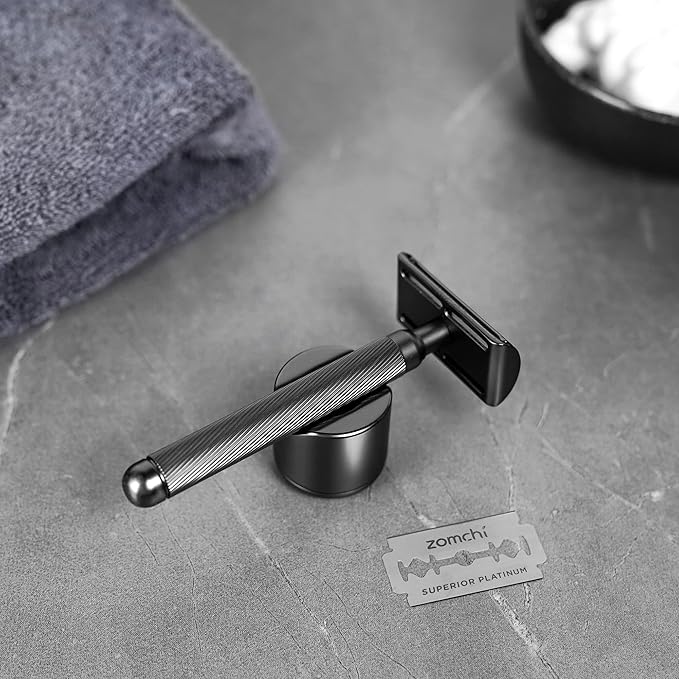 ZOMCHI Double Edge Safety Razor with Razor Stand, [New Version 2.0 ] Men’s Metal Razor with 10 Safety Razor Blades for Men & Women - Matte Black