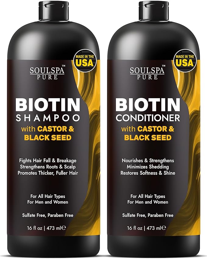 Castor Oil & Black Seed Biotin Shampoo and Conditioner Set - Sulfate Free Nourishing Formula for Thinning Hair & Dry Scalp - Deep Moisture for Men & Women - Made in USA - 16 fl oz Each
