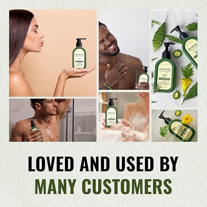ABERA Folliculitis Shower Gel, High-Performance BHA Body Wash, Wild Bitter Melon Extract, 1 Box + Eye Roller Serum | Eye Bags, Dark Circles & Puffiness Treatment | Mint Essence with Vit C & Peptides