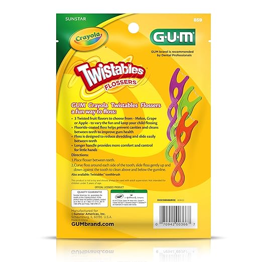 GUM Crayola Twistables Kids Flossers with Fluoride - Designed for Little Hands - Three Fun Fruit Flavors - Easy to Use Kids Floss Picks for Children Ages 3+, 90 Count