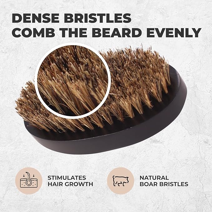 GUARD&MARINE 100% Boar Bristle Beard Brush for Men – Medium Firm Military Style Brush for Short Beard, Mustache & Waves – Natural Wooden Handle Grooming Brush
