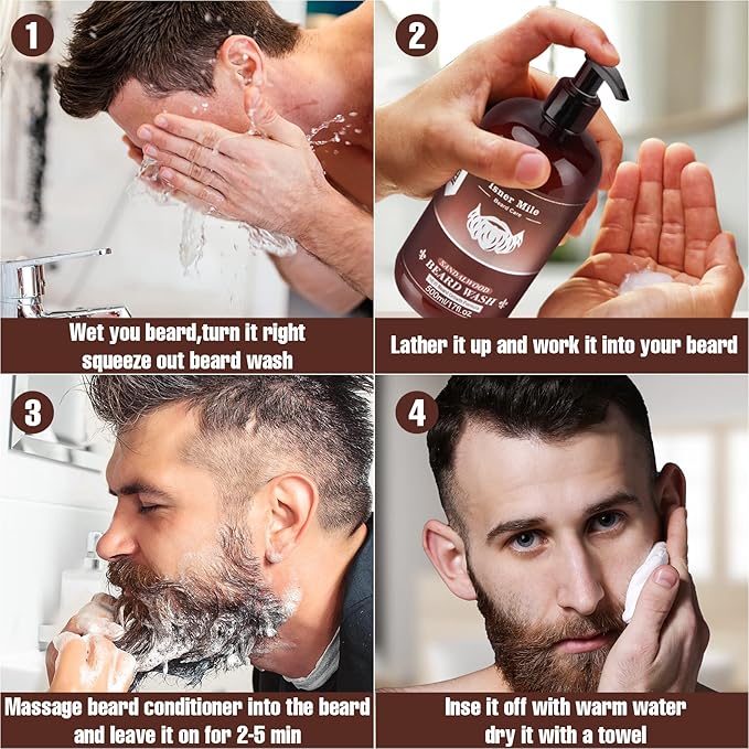 ISNER MILE Beard Wash & Conditioner Set for Men - 17 oz Shampoo with Biotin, Argan & Jojoba Oils for Smooth, Soft, and Strengthened Beard - Sandalwood Scented Grooming Gift