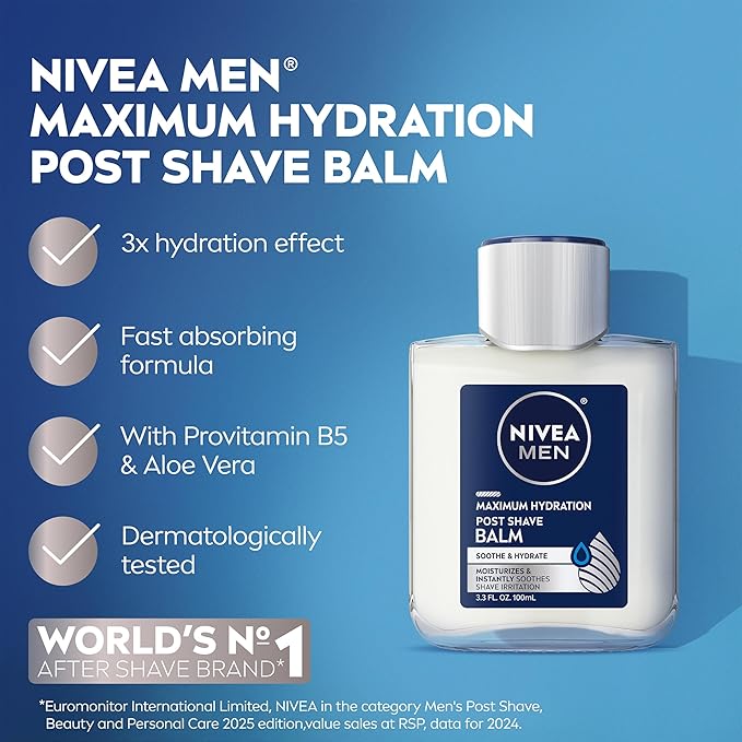 NIVEA MEN Maximum Hydration Post Shave Balm, With Provitamin B5 and Aloe Vera, Proves 3X Hydration Effect, 3.3 Fl Oz Bottle, Pack of 3