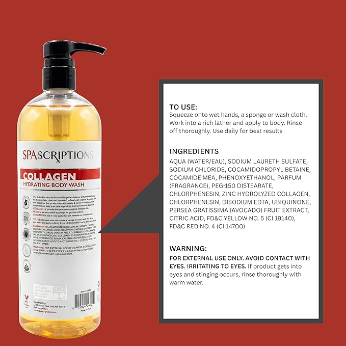 SpaScriptions Collagen Body Wash - Hydrating Gentle Cleansing Shower Gel with Anti-Aging CoQ10 and Moisturizing Avocado for Smooth Radiant Glowing Skin, Fresh Orchard Scent, Paraben Free, 33 fl oz