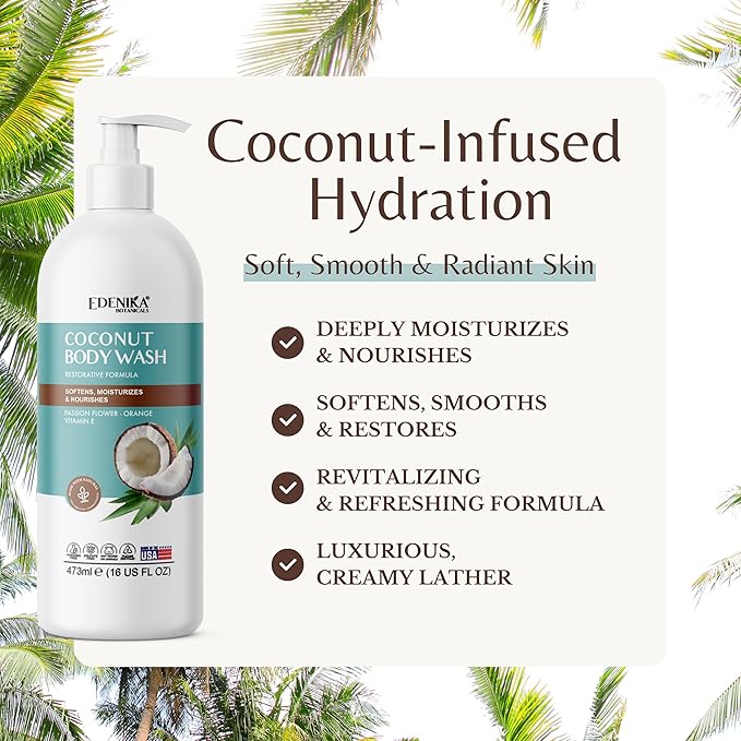 Coconut Body Wash, Cleans, Softens & Nourishes, Ultra Moisturizing Shower Gel for Dry and Sensitive Skin, Women & Men, Organic & Natural, 16 fl oz