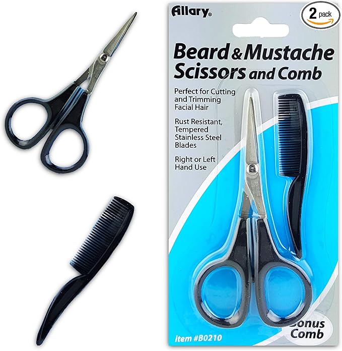 Men's Beard & Mustache Scissors and Mini Comb Trimming Kit ~ Facial Hair Scissors and Comb (Mens Grooming Kit)