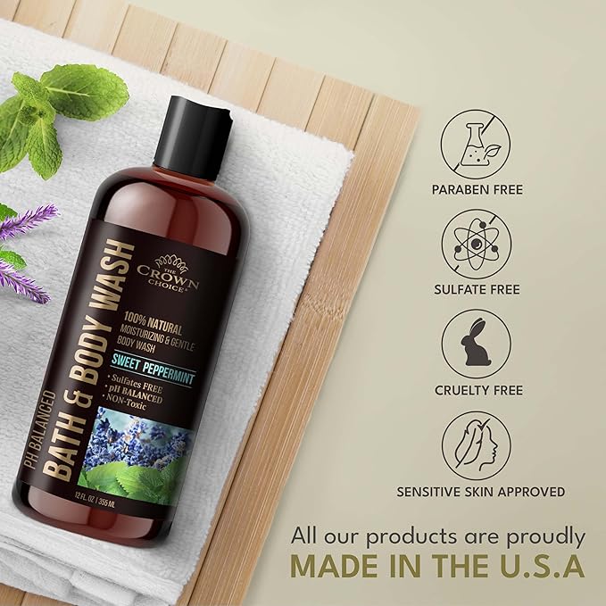 Natural Body Wash for Women, Men & Kids - Peppermint & Lavender - 12oz pH 5.5-Best pH Balance-Liquid Soap for All Skin Types-Moisturizing Sulfate & Chemical Free Shower / Bath Liquid Gel (1 PK)