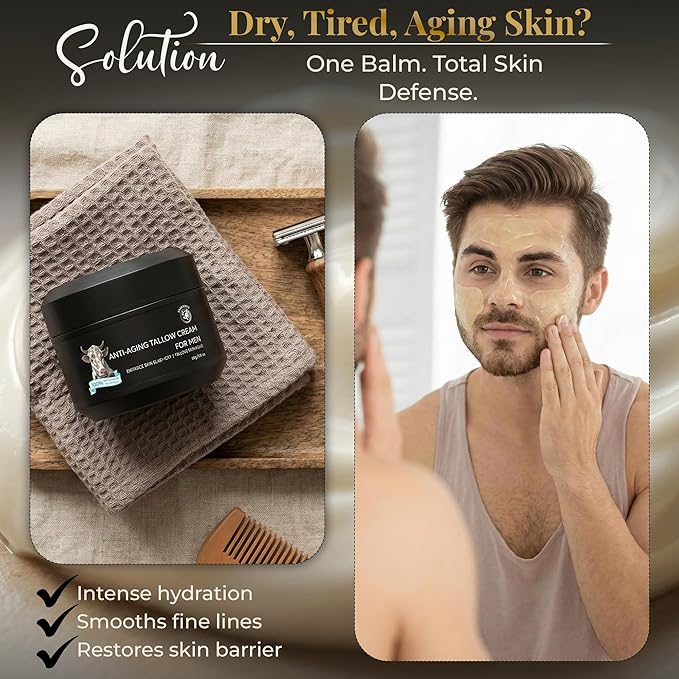 Wrinkle Defense Beef Tallow Balm for Men, Tallow Balm for Skin - Moisturizer for Face - Hydrating Anti Aging Skin Cream - Natural Facial Skincare Lotion with Essential Oils (1.7 OZ)