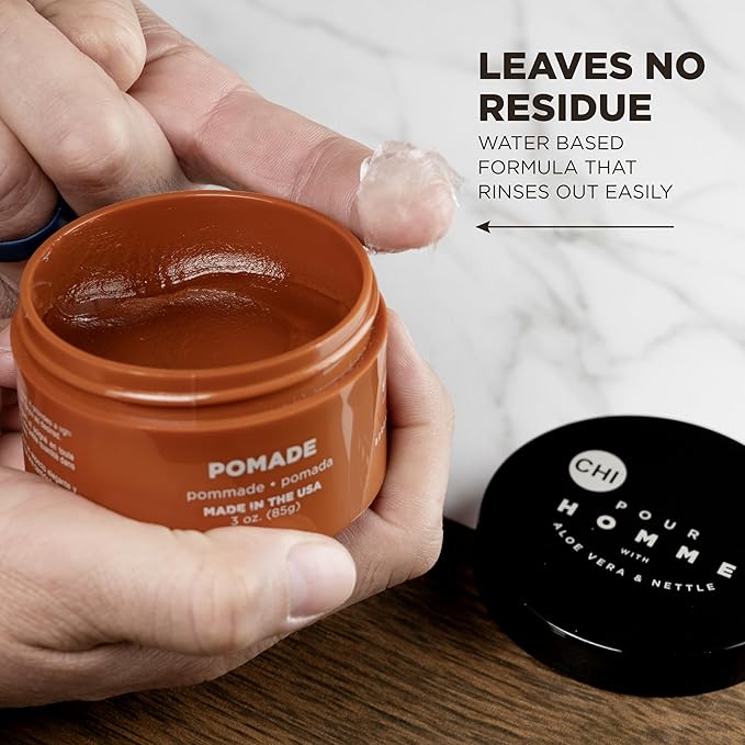 CHI pour Homme Pomade for Men, Light Hold Hair Product For Medium Shine & Polished Styles, Made With Aloe Vera & Nettle, Fresh, Woody Scent, 6 oz