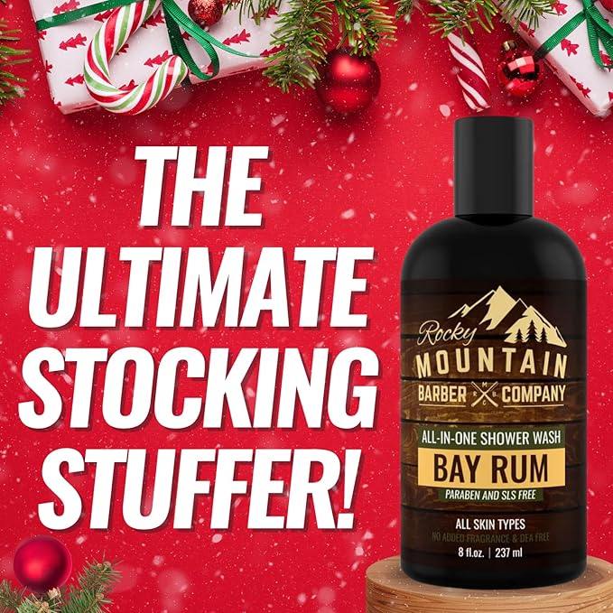 Rocky Mountain Barber Company Bay Rum All-In-One Body Wash - Shampoo, Body Wash, Conditioner, Face Wash & Beard Wash with Aloe Leaf Juice - 8 oz