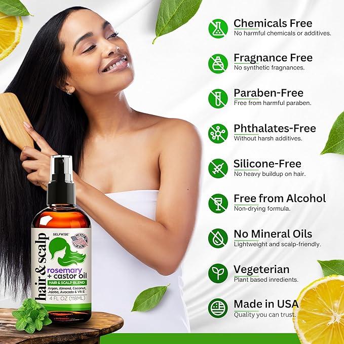 Organic Rosemary Oil For Hair Growth with Castor, Argan, Coconut, Almond, Jojoba, Avocado, Grapeseed, Vitamin E, Lavender & Peppermint for Hair & Scalp Treatment, All Hair Types, Men & Women 4oz
