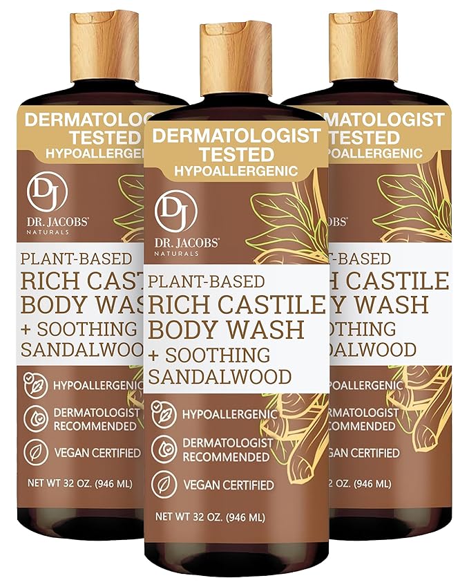 Dr. Jacobs Naturals Pure Castile Soap Liquid Body Wash, Sandalwood - Plant Based Soap Infused with Vitamin E and Aloe Vera to Moisturize Dry and Sensitive Skin - Made in The USA - 32 oz, Pack of 3