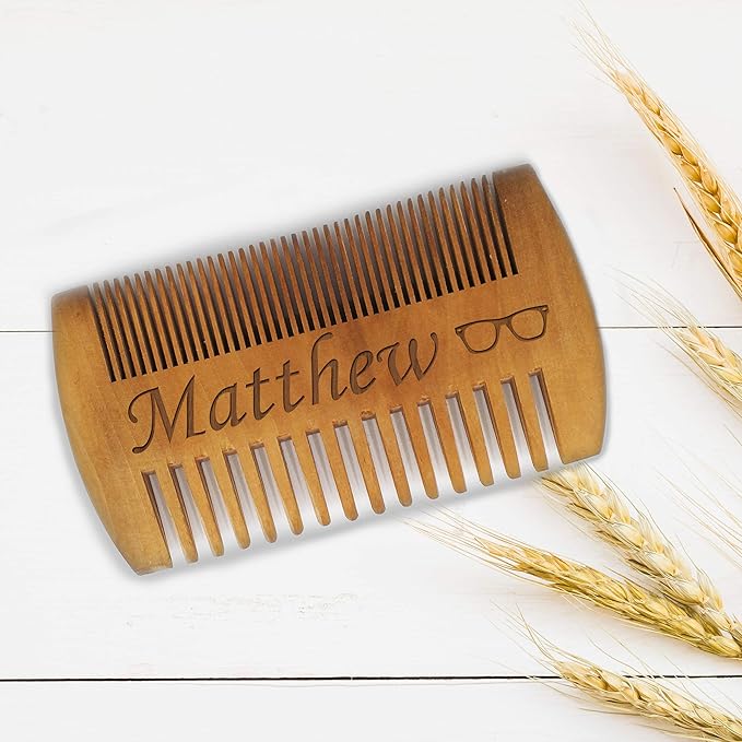 My Personal Memories Custom Engraved Wooden Beard and Mustache Comb - Personalized Grooming Wood Brush Gift with Dual Action Teeth for Men, Guys, and Him