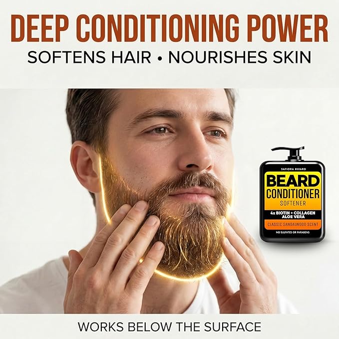 Biotin Beard Conditioner & Softener for Men – with Aloe Vera & Collagen, Moisturizing Cream for Coarse Dry Hair, Beard and Skin – Sandalwood Scent Care Leave In Conditioner Alternative (16 Fl Oz)