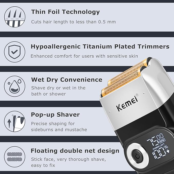 KEMEI 2-in-1 Men's Electric Shaver, Cordless Rechargeable Bald Trimmer with LED Display