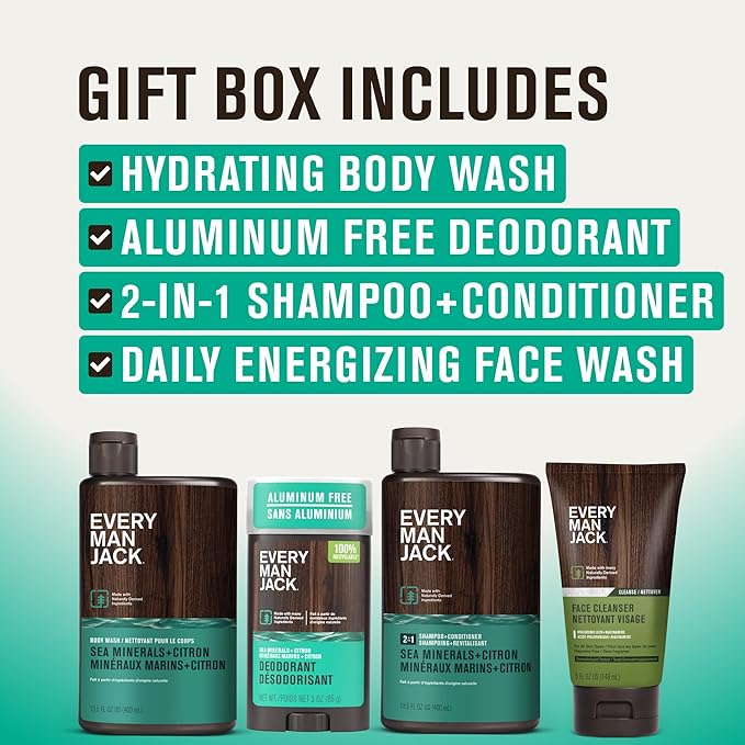 Every Man Jack Men's Bath and Body Gift Set - Sea Minerals + Citron Scent - Clean Ingredients - Includes Hydrating Body Wash, 2-in-1 Shampoo, Aluminum-free Deodorant & Face Wash