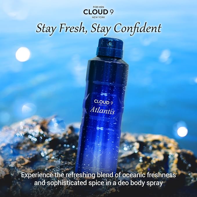Cloud 9 Atlantis Deo Body Spray for Men 7.64 fl oz – Long Lasting Fresh & Bold Scent with Ginger, Bergamot & Juniper – Ideal For Work,Travel, Social Events,Gym & Outdoor Activities - All Day Freshness