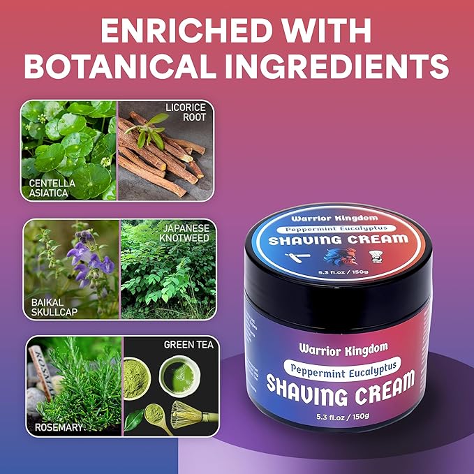 Warrior Kingdom Shaving Cream - Peppermint Eucalyptus. Refreshing Scent. Rich Creamy Lather for the Smoothest Shave. For face, head and body. Gentle, non irritating formula for all skin types.