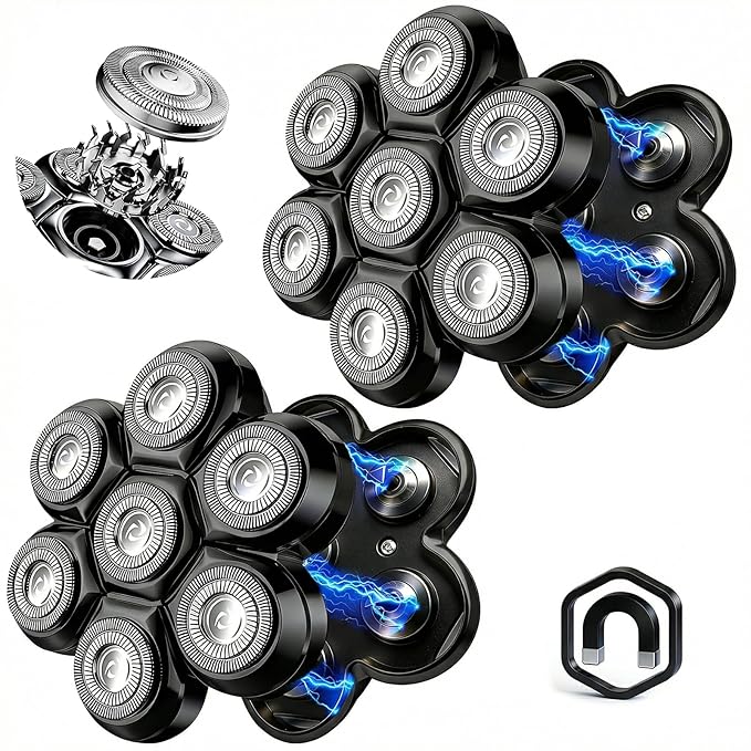 7 Head Magnetic Shaver Head Replacement for Freebird/SHPAVVER/Wyklaus/Cyruzi Head Shaver Bald Men - Universal Fit for Most Brand Shavers, Head & Face Grooming (Black/2Pack)