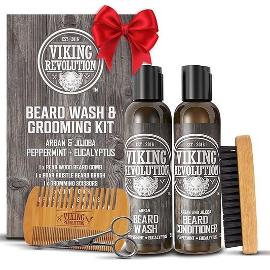 Viking Revolution Beard Brush and Comb Set with Peppermint Eucalyptus Beard Wash and Conditioner (5 Oz each) - Grooming Kit for Men with Argan and Jojoba Oils - Gifts for Men