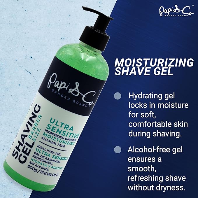 Papi&Co Shaving Gel for Ultra Sensitive Skin - Gentle, Alcohol-free, Moisturizing and Protecting Face Shave Gel for Men 17.6 Oz