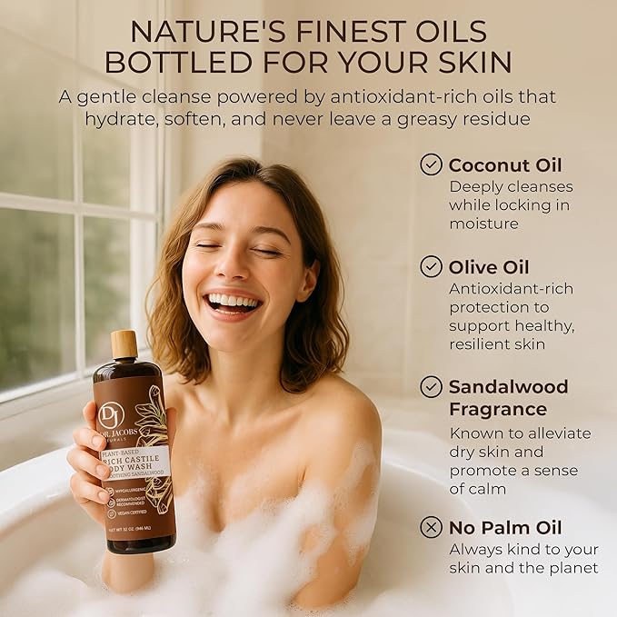 Dr. Jacobs Naturals Pure Castile Soap Liquid Body Wash, Sandalwood - Plant Based Soap Infused with Vitamin E and Aloe Vera to Moisturize Dry and Sensitive Skin - Made in the USA - 32 oz, Pack of 2
