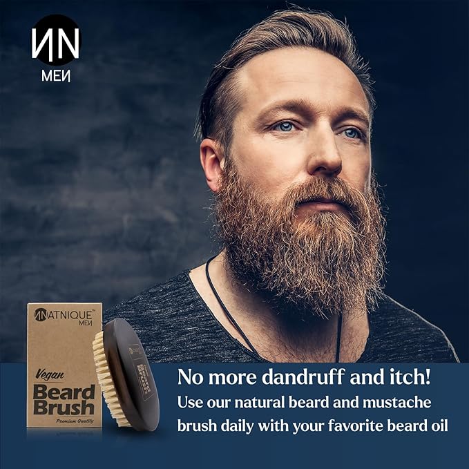Natnique Vegan Beard Brush for Men, 100% Sisal Plant Bristles, Ergonomic Design with Natural Beachwood Handle - Men's Beard & Mustache Brush – 100% Natural, Non-Synthetic, Cruelty Free