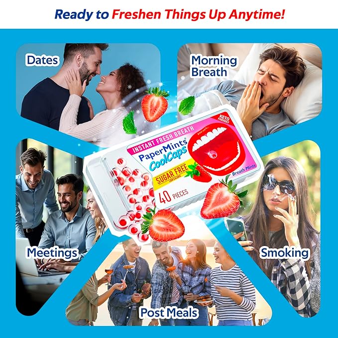 PaperMints CoolCaps - Instant Fresh Breath Mints Sugar-Free 4 Pack - 160 capsules. Extreme Bad Breath Treatment for Adults, Breath Freshener Pearls for Halitosis Treatment Keto-Friendly Strawberry