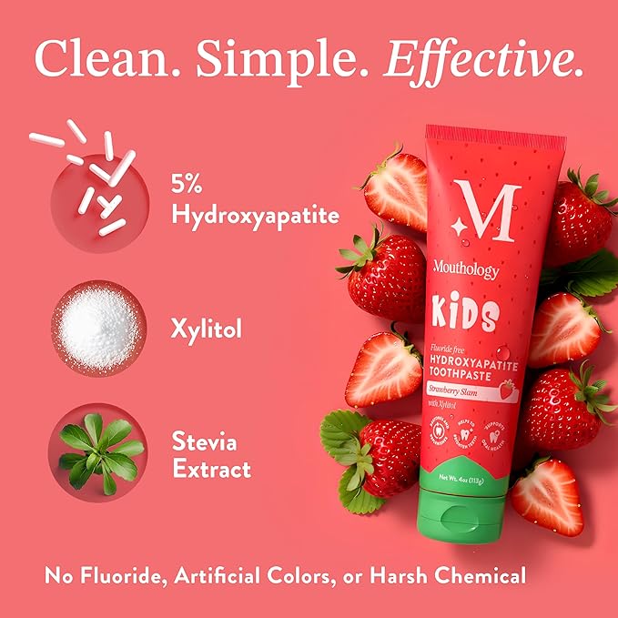 Mouthology Hydroxyapatite Kids Toothpaste Fluoride Free with Xylitol, Non Toxic Fluoride Free Toothpaste for Kids, All Ages (1-3), (3-6) & (6-12) Watermelon, 4oz