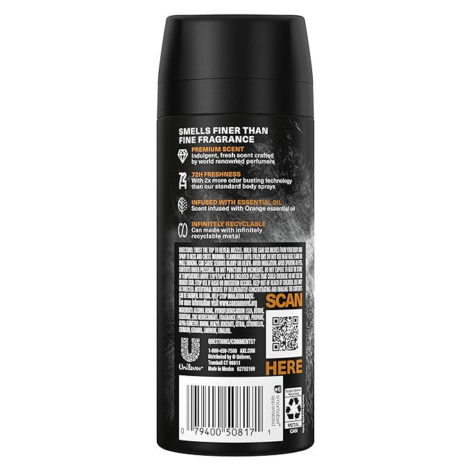 AXE Fine Fragrance Collection Premium Body Spray Black Vanilla with Orange + Sandalwood 3 Count with 72H Odor Protection Aluminum-Free 4 oz