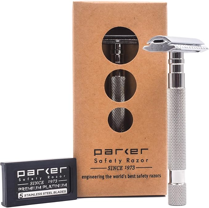 Parker 64S Stainless Steel Handle Double Edge Safety Razor & 5 Premium Blades