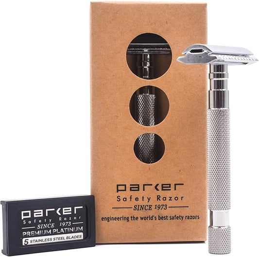 Parker 64S Stainless Steel Handle Double Edge Safety Razor & 5 Premium Blades