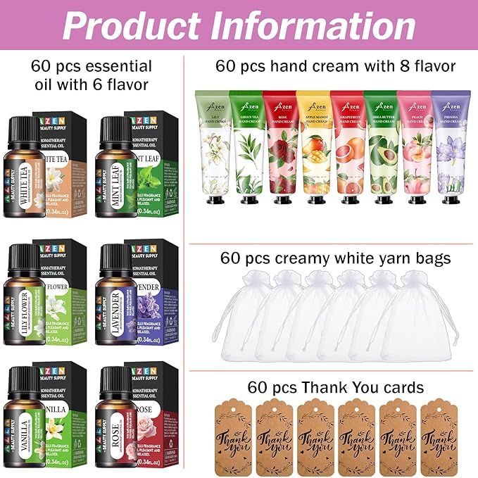 AZEN 60 Sets Bulk Gifts, Hand Cream and Essential Oils Bulk Set with Organza Bag Thank You Card, Baby Shower Wedding Gifts for Guests, Bridal Wedding Favors for Guests,Thank You Gift for Women