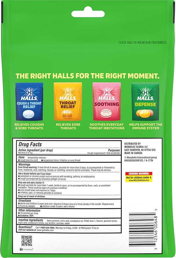 Halls Throat Relief Green Apple Cough Drops, Value Pack, 80 Drops
