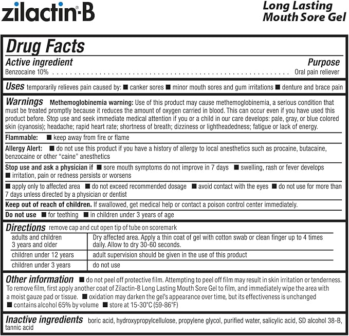 Zilactin-B Fast Acting Canker Sore Treatment - Long Lasting Protection and Oral Pain Relief of Canker Sores, Mouth Sores and Gum Irritations, Made in USA, 0.25oz Gel, Pack of 1